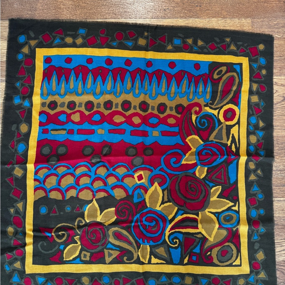 Talbots Brown Wool Scarf with Mustard, Red and Teal Accents